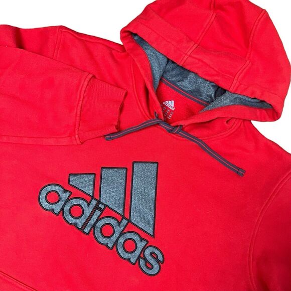 Adidas Hoodie Men's 2XL Red Pullover Logo 3 Stripes Sweatshirt Pocket Graphic - Picture 1 of 5
